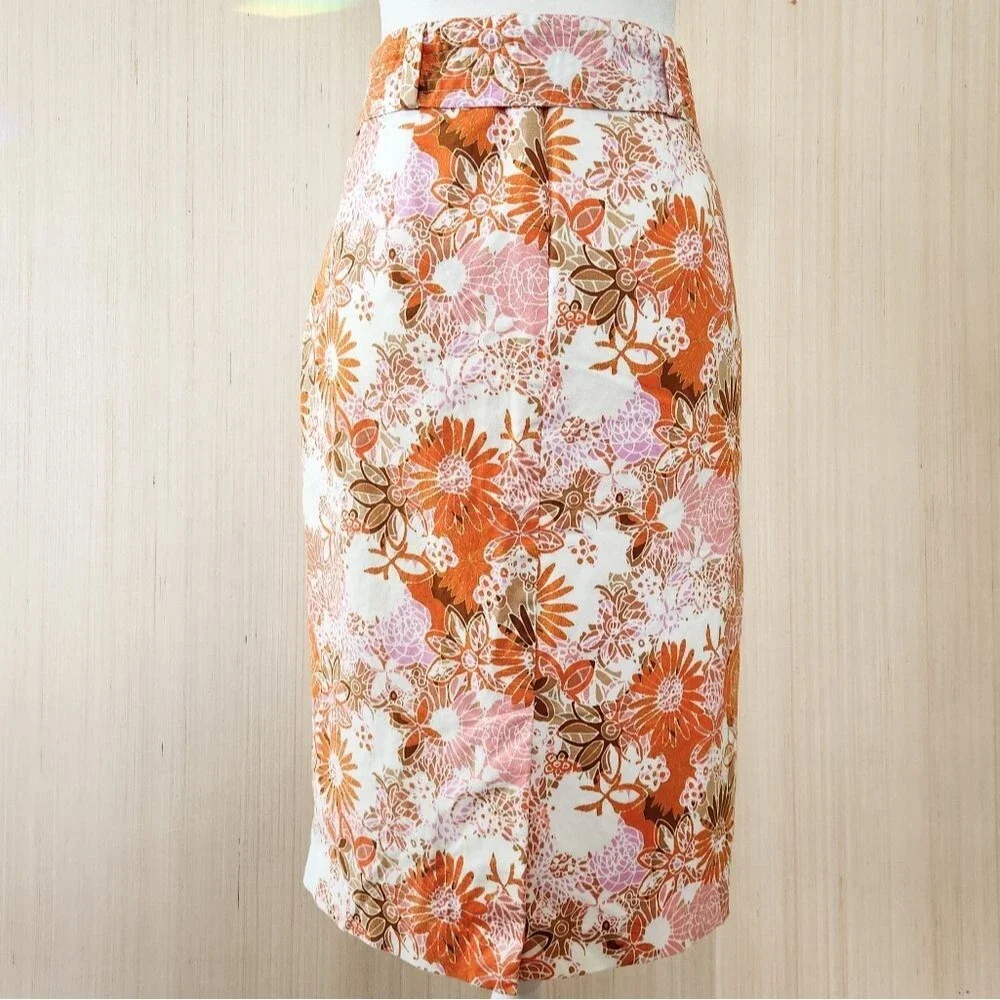 Nordstrom 1901 Orange Pink Retro 70s Floral Belted Pencil Skirt 8 Cottagecore